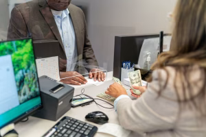 Bank teller handling Cross Border Payments transaction with customer.