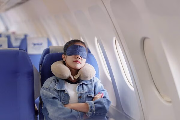 Woman sleeping on flight after booking affordable plane tickets.
