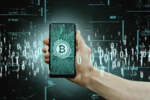 teléfono inteligente que muestra blockchain para transferencia de dinero