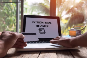 Persona que usa una computadora portátil para realizar transferencias internacionales de dinero