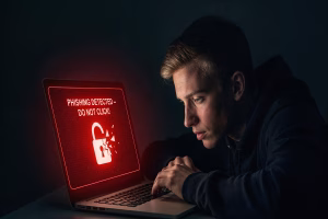 Advertencia de alerta de phishing en una computadora portátil durante un intento de fraude de pago transfronterizo