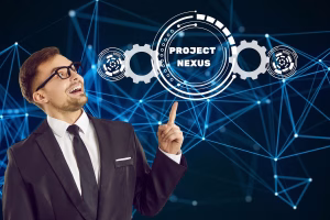 Businessman highlights Project Nexus and Cross Border Payments technology.