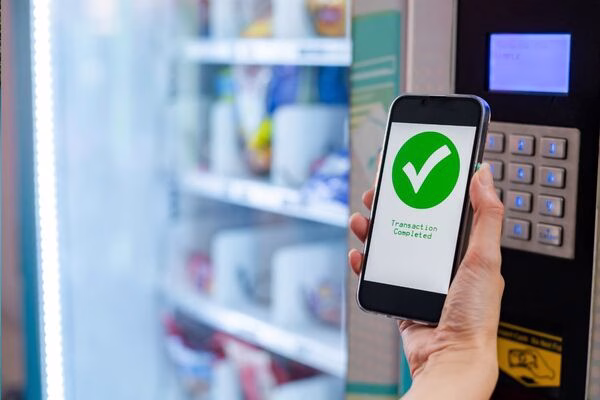 Cross Border Payments completed using smartphone near vending machine.
