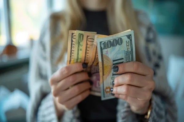 Mujer sosteniendo dinero en efectivo en preparación para una transferencia de dinero internacional.