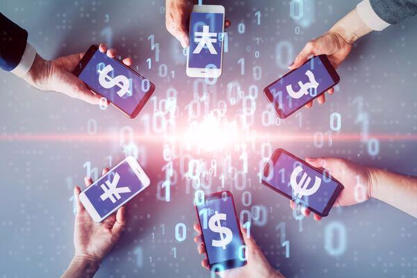 Digital Cross Border Payments visual with international currency symbols.