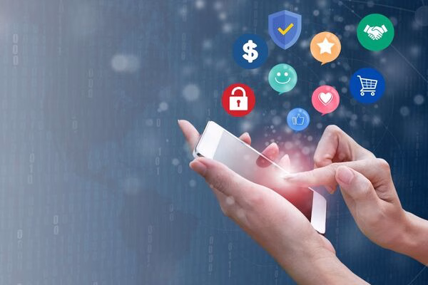 Mobile user accessing secure Cross Border Payments security and shopping icons.