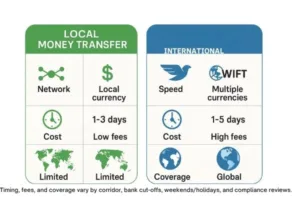 Comparación de transferencias de dinero locales e internacionales