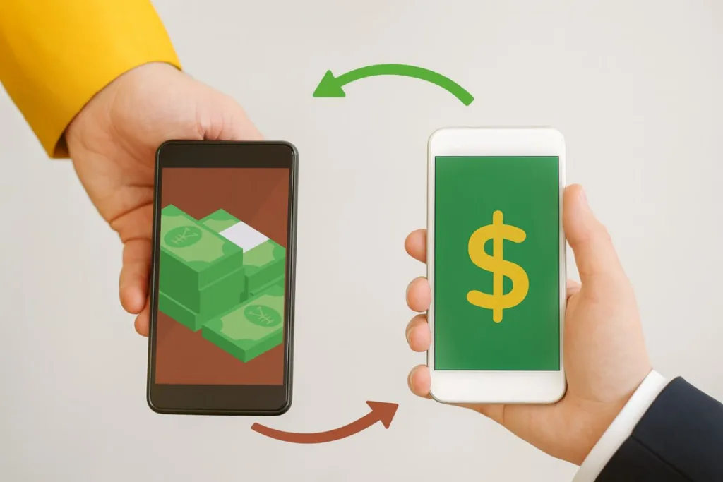 Dos teléfonos inteligentes que muestran el proceso de intercambio de transferencia de dinero B2B