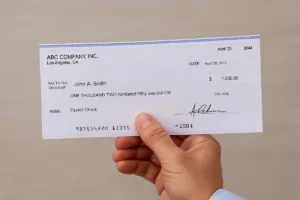 Mano que sostiene un cheque de nómina para cobrar