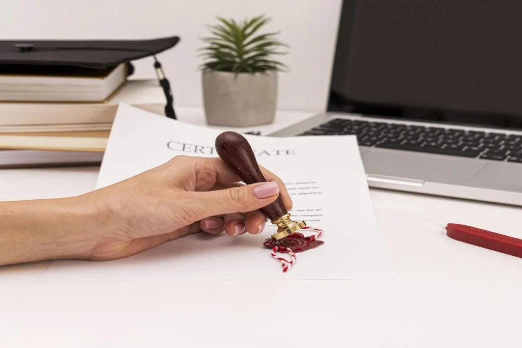 Certificado sellado a mano con cera para verificación