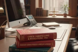 Legal books on Check Cashing regulations placed on office desk.