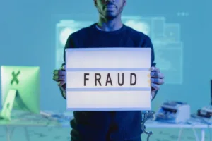 Man holding fraud sign highlighting Check Cashing scam awareness.