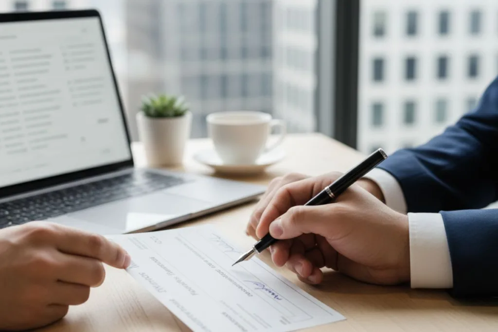 Man signs official paper at workplace to cash a check.