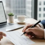 Man signs official paper at workplace to cash a check.