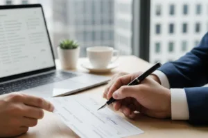 Man signs official paper at workplace to cash a check.