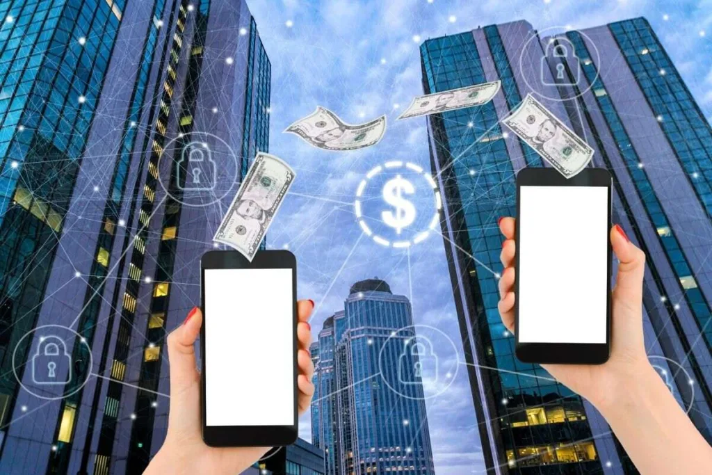Mobile phones exchanging cash symbolizing secure digital Money Transfer.