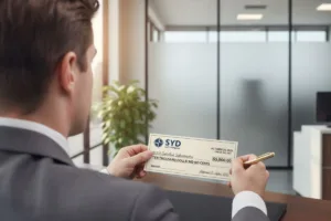 Person in office reviews large payment, ready to cash a check.