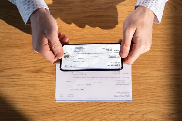 Persona que utiliza una aplicación para teléfono inteligente para el servicio de depósito de cheques móviles.