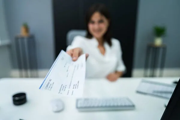  Woman in office hands over form to cash a check.
