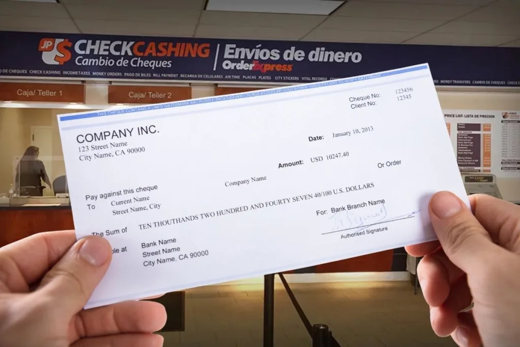 Cliente con cheque en una sucursal de cambio de cheques