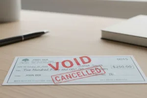 Cheque cancelado anulado sobre el escritorio con bolígrafo al lado