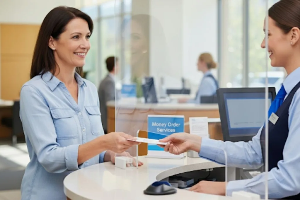 Mujer comprando un giro postal en el mostrador de servicio