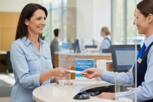 Mujer comprando un giro postal en el mostrador de servicio
