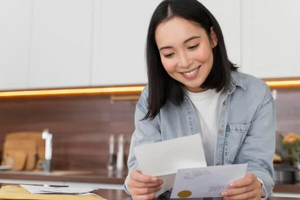 Woman reading mail about cashing money order
