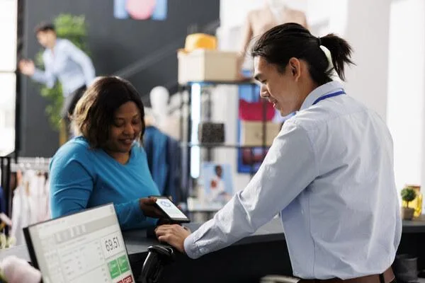 Retail customer paying cashier with digital check system
