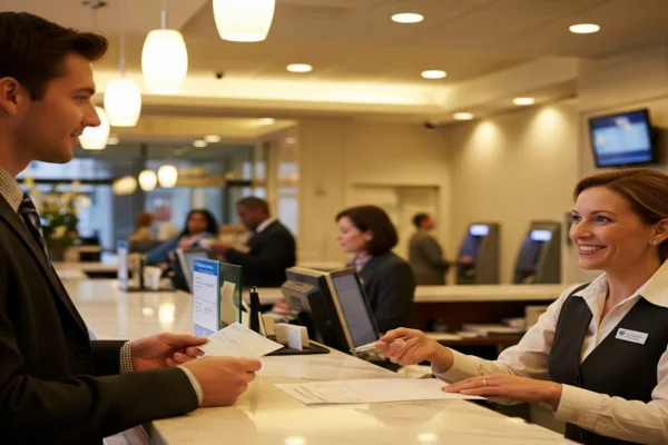  Customer cashing a check at the bank counter
