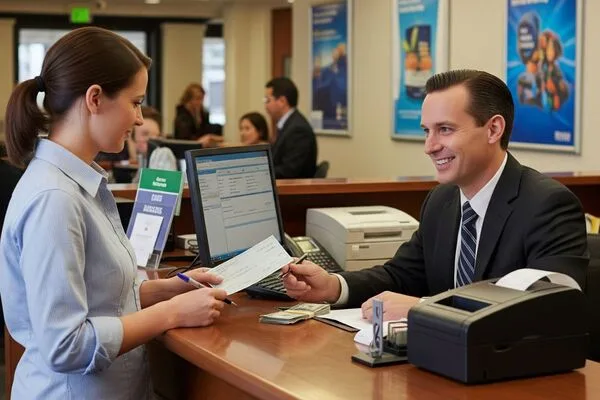 Customer cashing a check at the bank counter today
