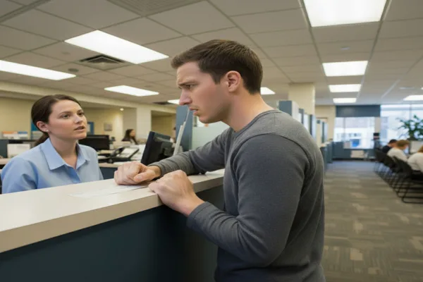 Man encountering check cashing mistake at bank counter
