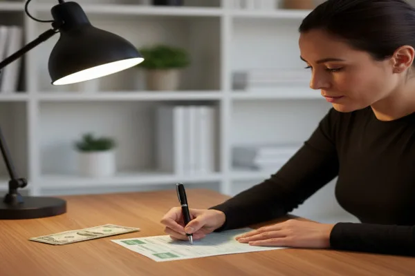 Woman filling out money order with cash nearby
