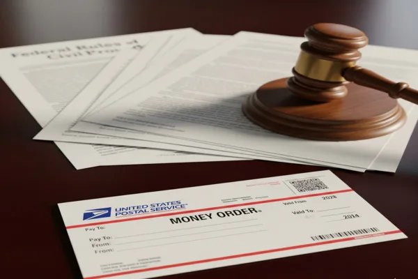Money order with gavel showing federal compliance rules
