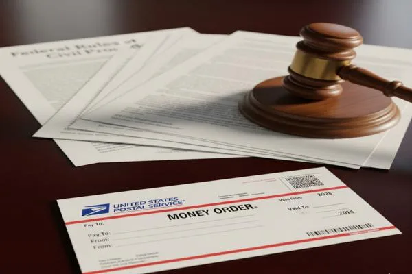 giro postal con un mazo que muestra las reglas de cumplimiento federal 
