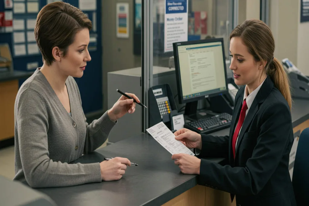 Cajero de banco que ayuda a un cliente con el formulario de corrección de giro postal