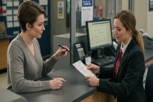 Cajero de banco que ayuda a un cliente con el formulario de corrección de giro postal