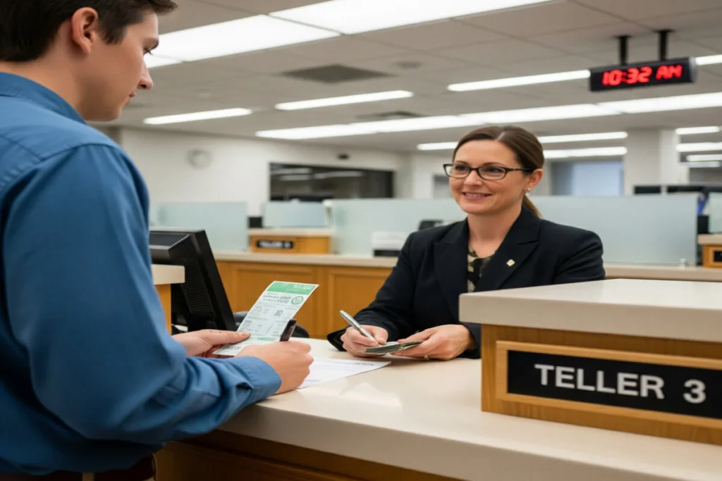 Cajero de banco que ayuda a un cliente a cobrar un giro postal de forma segura