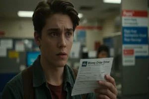 Hombre preocupado sosteniendo un formulario de error de giro postal