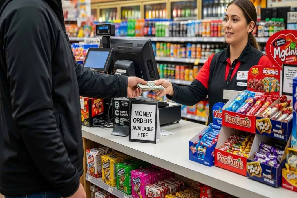 Cliente comprando un giro postal en el mostrador de una tienda de conveniencia