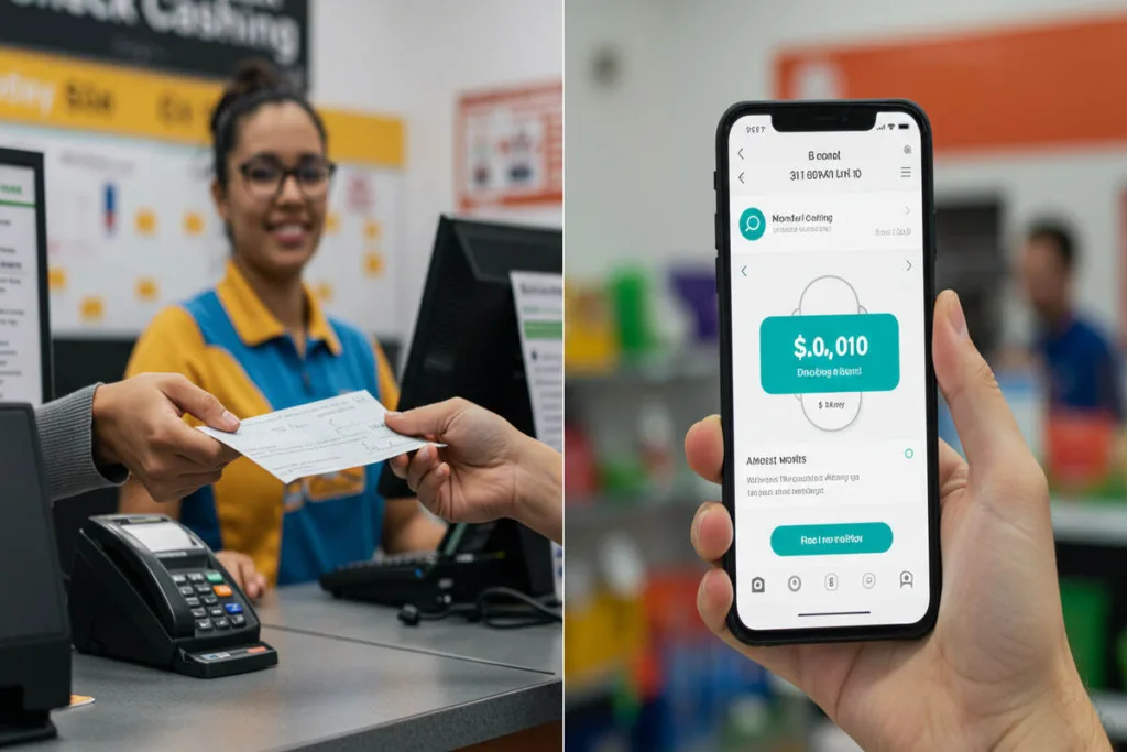 Cliente cobrando un cheque y viendo el tiempo de deducción en el teléfono