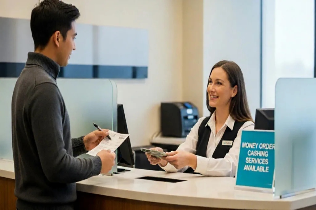 Cliente cobrando un giro postal de forma segura en el mostrador