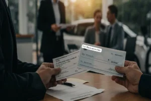 Manos que sostienen una orden de pago y un cheque de caja para el pago de un automóvil