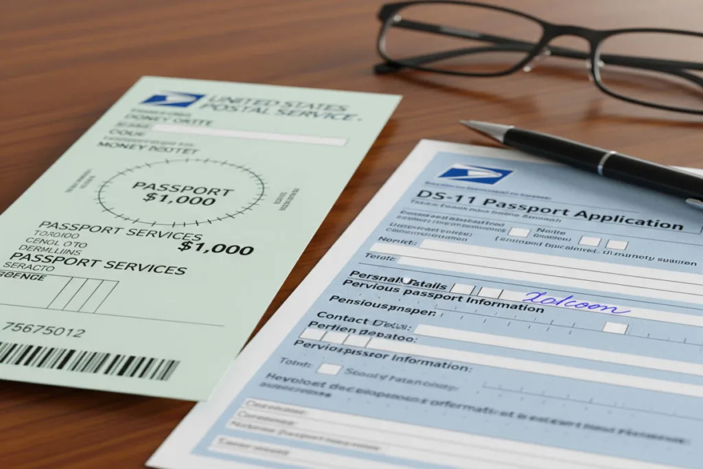 Orden de pago y formulario de solicitud de pasaporte en el escritorio