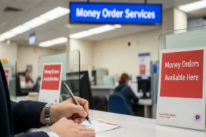 Persona que completa un formulario de giro postal cerca