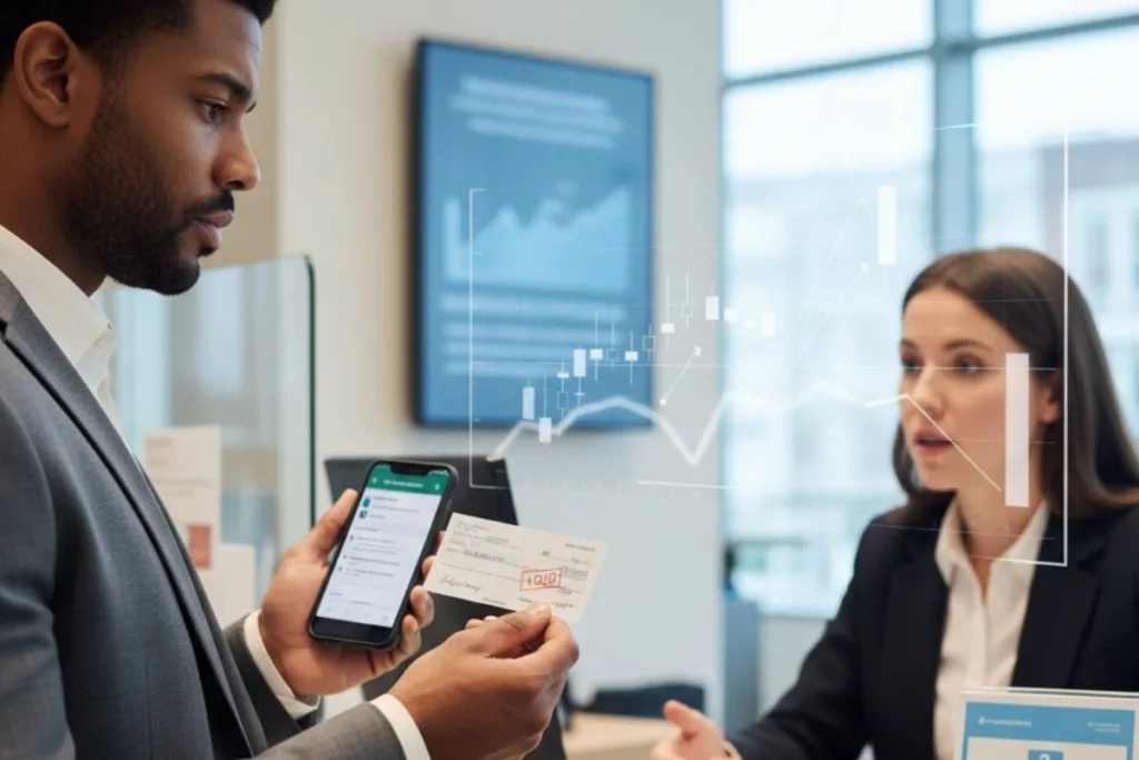 Cliente verificando su identidad durante una transacción de cobro de cheque con un banquero