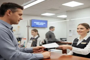 Bank clerk assisting customer with Money Order transaction.