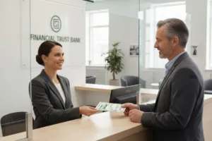 Bank teller handing Money order to customer at counter.