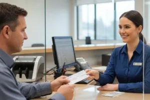 Bank teller smiling while assisting customer with Check Cashing service