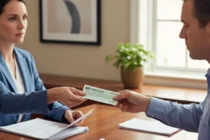 Businesswoman hands a Money order to man across desk.